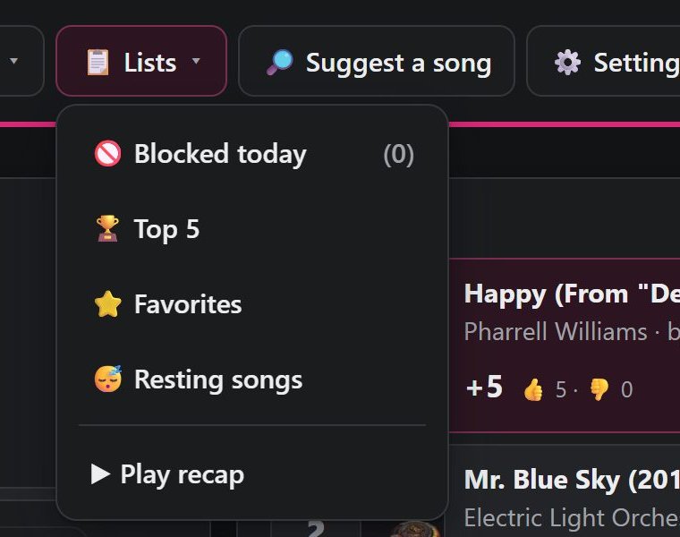 The Lists menu open: Blocked today, Top 5, Favorites, Resting songs, Play recap
