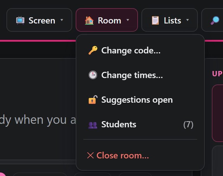 The Room menu open: change code, change times, lock suggestions, students, close room