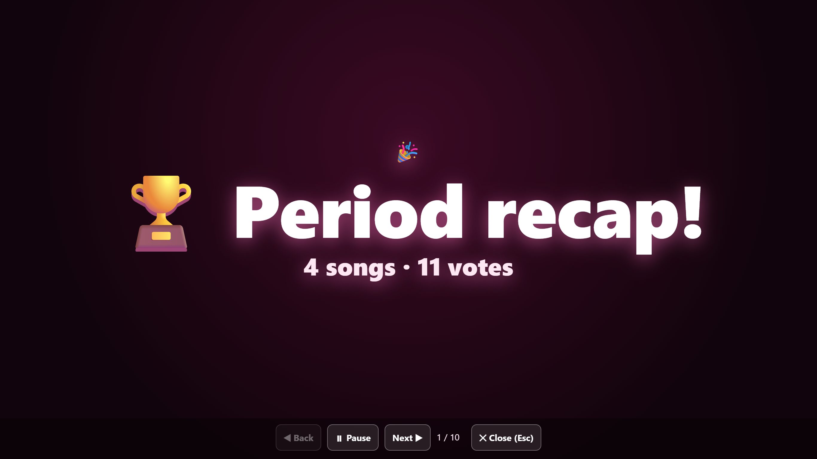 Recap slide: Period recap, 4 songs, 11 votes