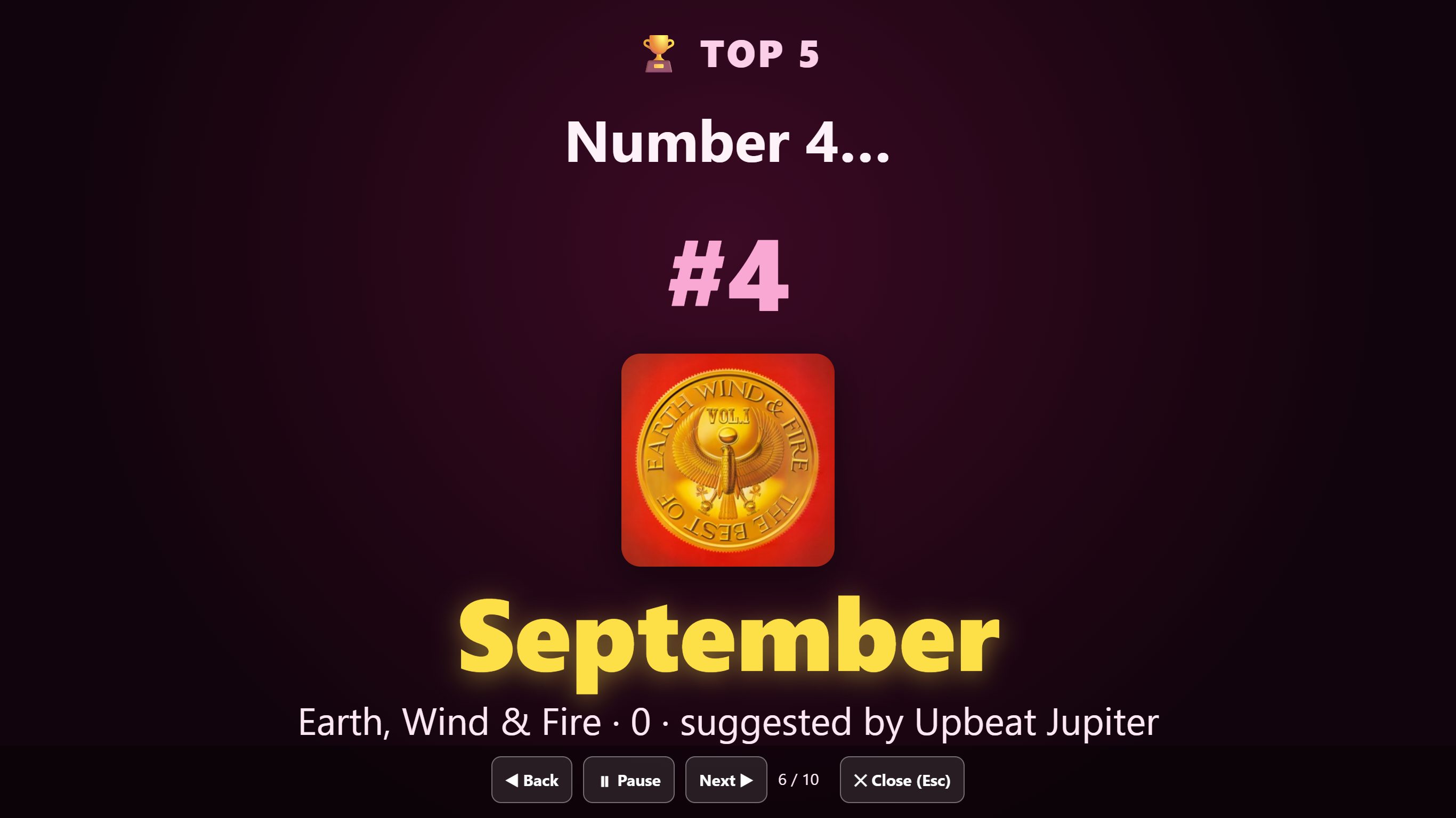 Recap slide: Top 5, number 4, September by Earth, Wind and Fire