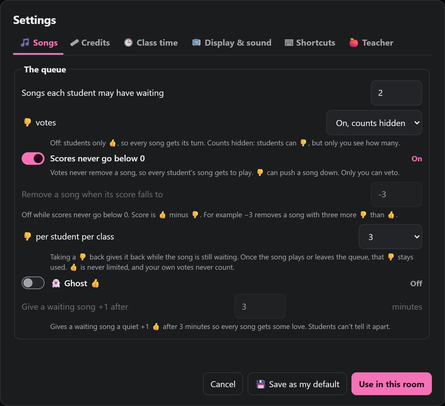 RoomDJ Settings, Songs tab: thumbs down votes set to On, counts hidden; scores never go below 0; thumbs down per student per class; Ghost thumbs up
