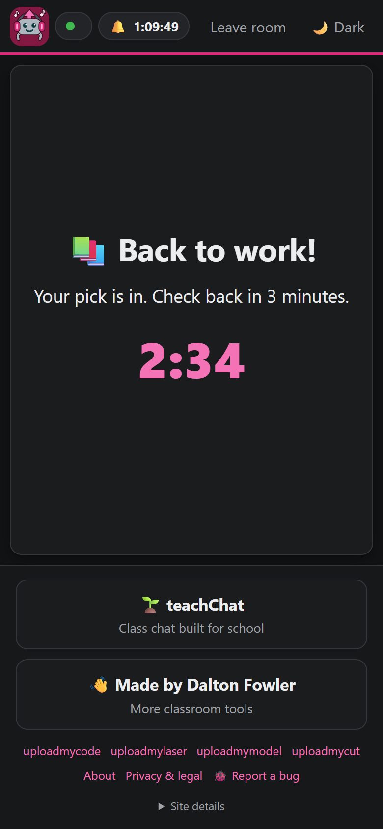 The Back to work screen a student sees after suggesting a song, with a countdown