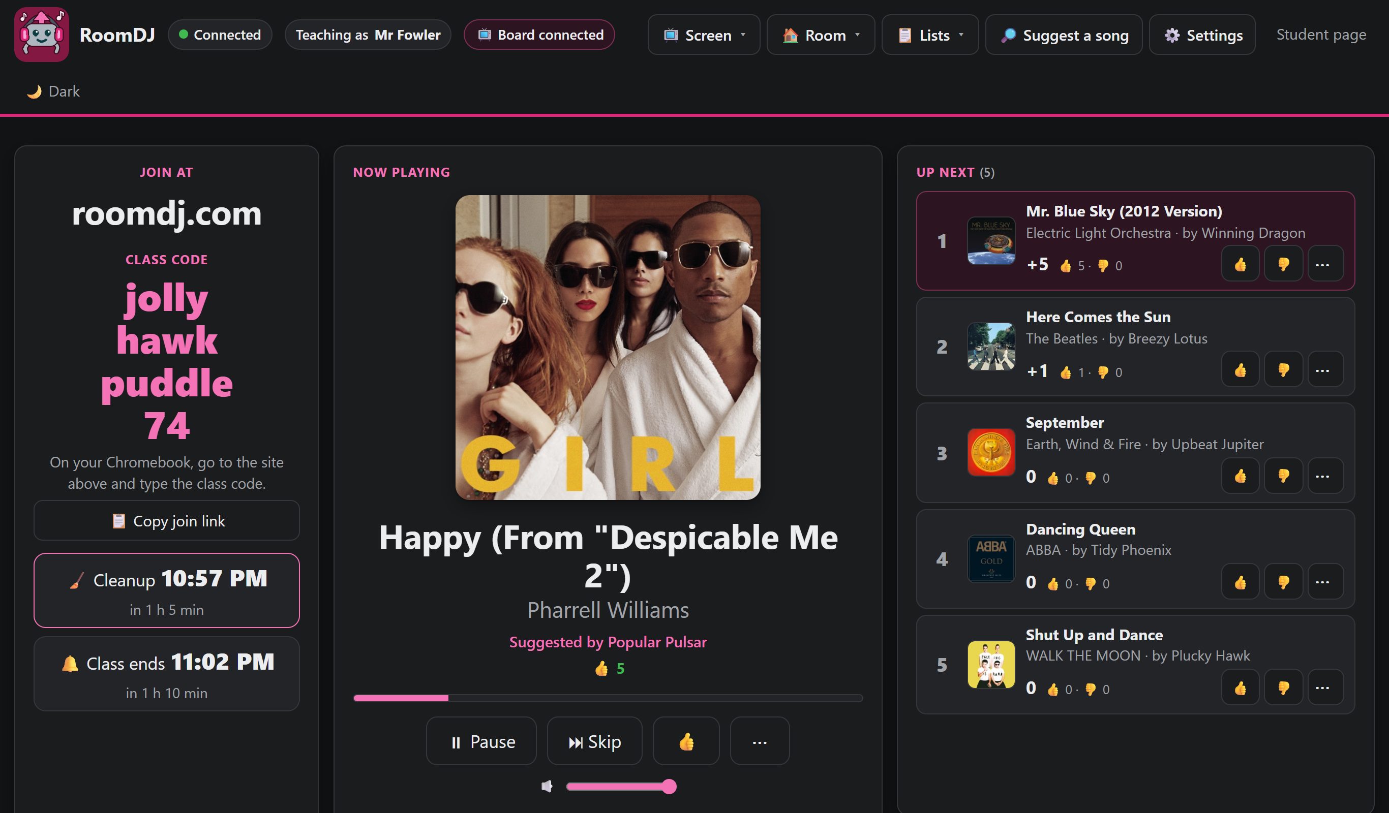 The teacher control screen: the class code, the song playing with its cover, and the queue with votes
